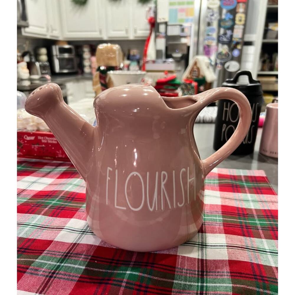Rae Dunn FLOURISH Pink Ceramic Watering Can by Magenta EUC Plant Decor